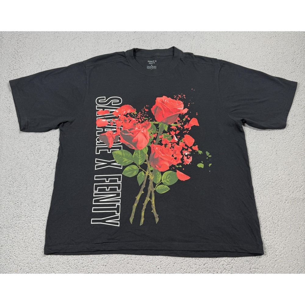 Savage X Fenty Shirt Mens Medium Black Rose Graphic Tagless Tee Floral Casual